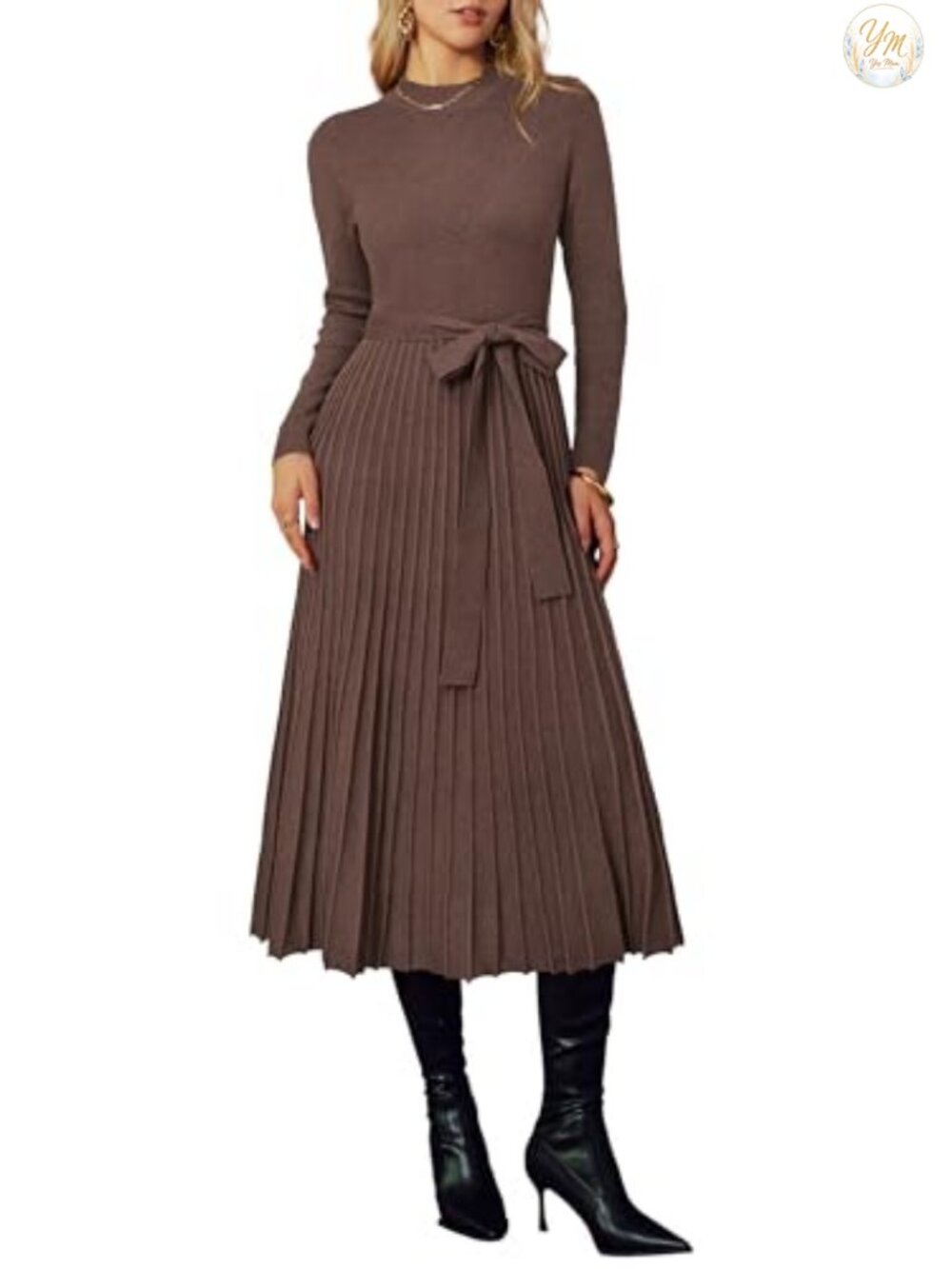 Wool Blend Mock Neck Pleated Sweater Dress Long Sleeve Business Casual